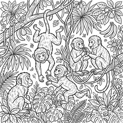 Immerse yourself in a vibrant jungle scene with this playful macaque coloring page. Discover five energetic monkeys amidst lush tropical foliage, ready for your creative touch.