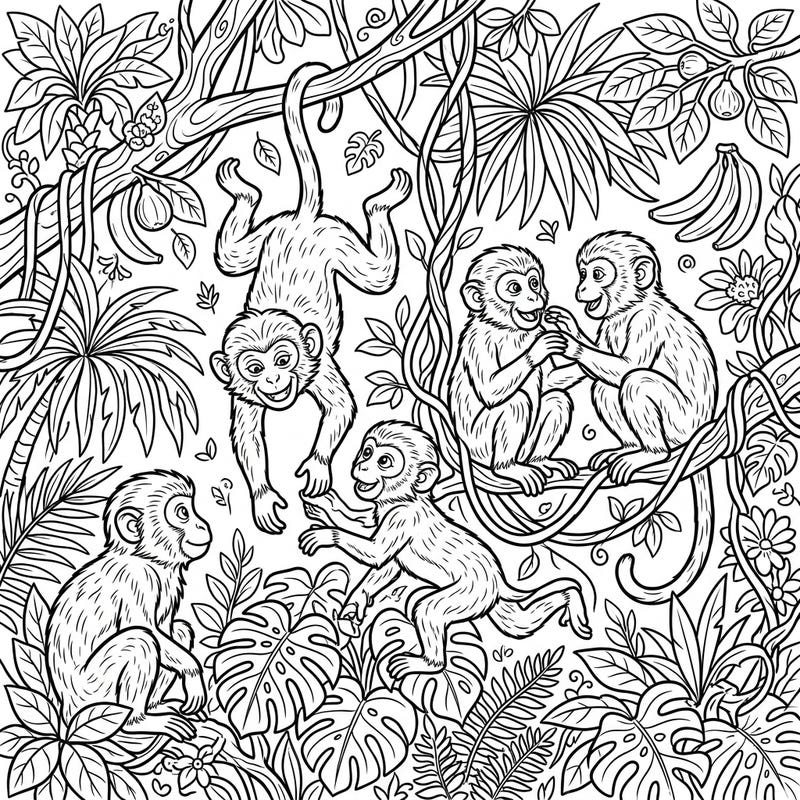 Immerse yourself in a vibrant jungle scene with this playful macaque coloring page. Discover five energetic monkeys amidst lush tropical foliage, ready for your creative touch.