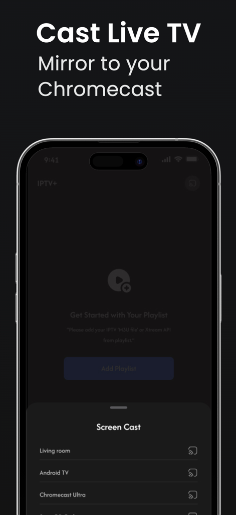 iPTV Pro - iPTV Smarter Player - Una pantalla de aplicación móvil que muestra la función de transmisión de TV en vivo con un menú para duplicar en Chromecast y otros dispositivos de TV inteligentes.