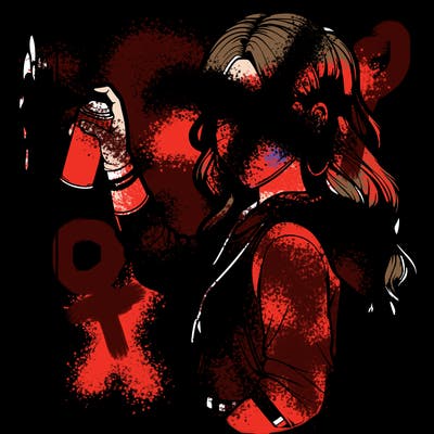 realistic girl with mask spray painting a wall