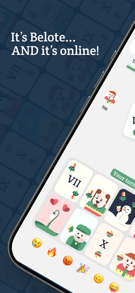 Bela Online - Belote & Friends - Pantalla de smartphone mostrando el juego de Bela Online con cartas húngaras estilizadas