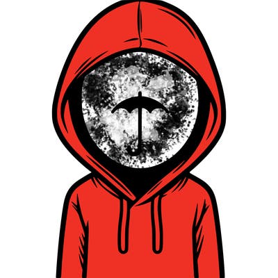 a person with non face waering a hoodie with a small umbrella symbol