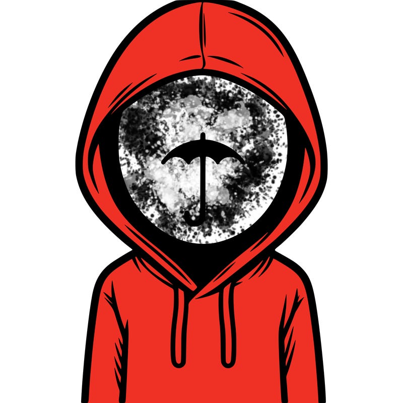 a person with non face waering a hoodie with a small umbrella symbol