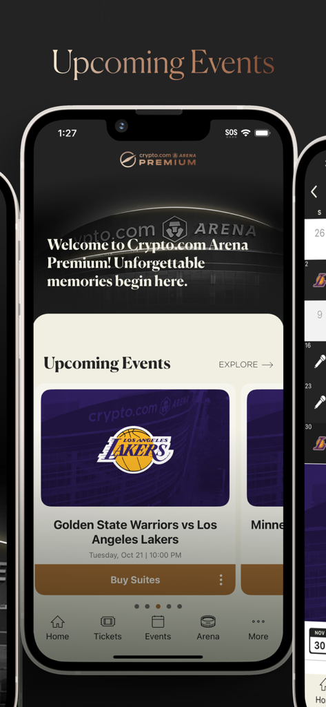 Crypto.com Arena Premium - Tela inicial do aplicativo Crypto.com Arena Premium mostrando eventos futuros e opções de camarote