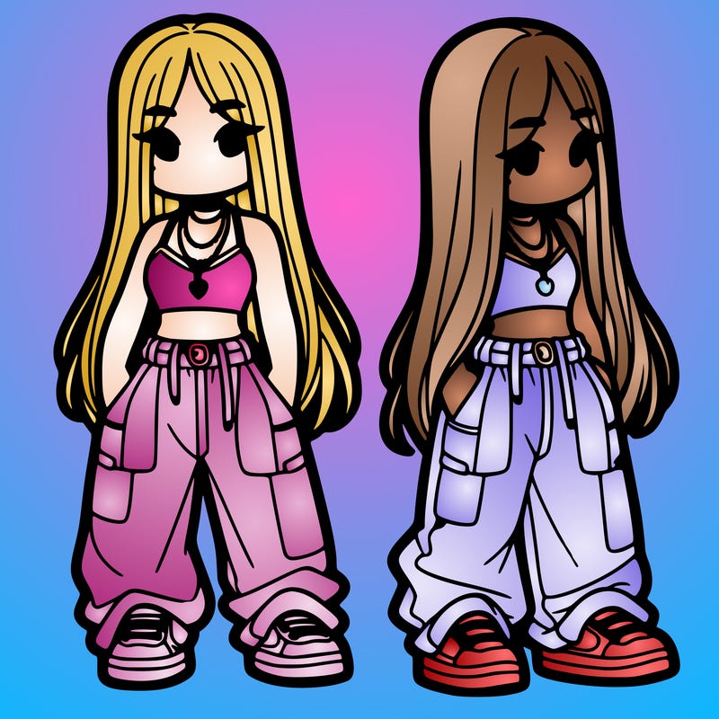 girl in baggy pants crop top and long hair