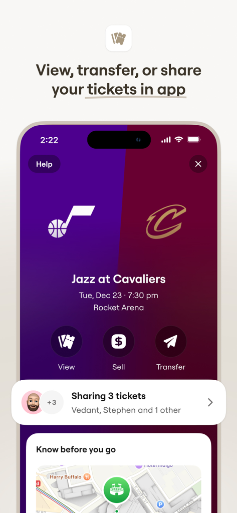 SeatGeek - Buy Event Tickets - SeatGeek mobile app interface for viewing and sharing tickets for an NBA game