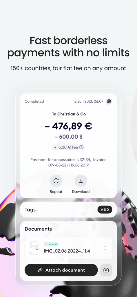 Finom • Business Account - Finom App-Bildschirm, der eine abgeschlossene grenzenlose Zahlungstransaktion mit Währungsumrechnung und einer angehängten Rechnung zeigt