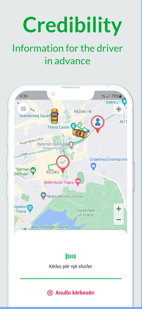 Map view of the VrapOn Taxi Albania app interface showing real-time taxi locations and driver search in Tirana