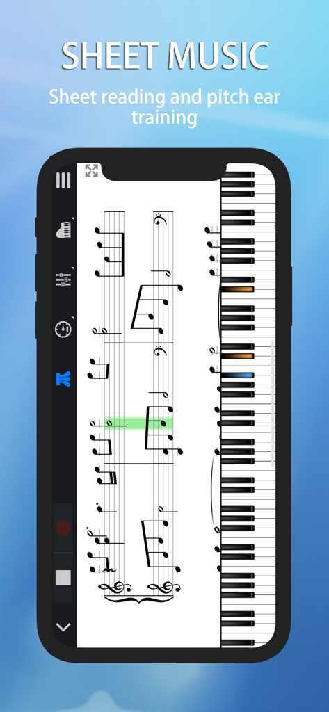 Mobile screen showing the Perfect Piano app interface with musical notation and a vertical virtual keyboard for learning sheet music