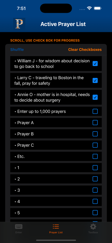 PrayerPoint: Prayer List - PrayerPoint active prayer list screen featuring checkboxes for tracking personal prayer requests