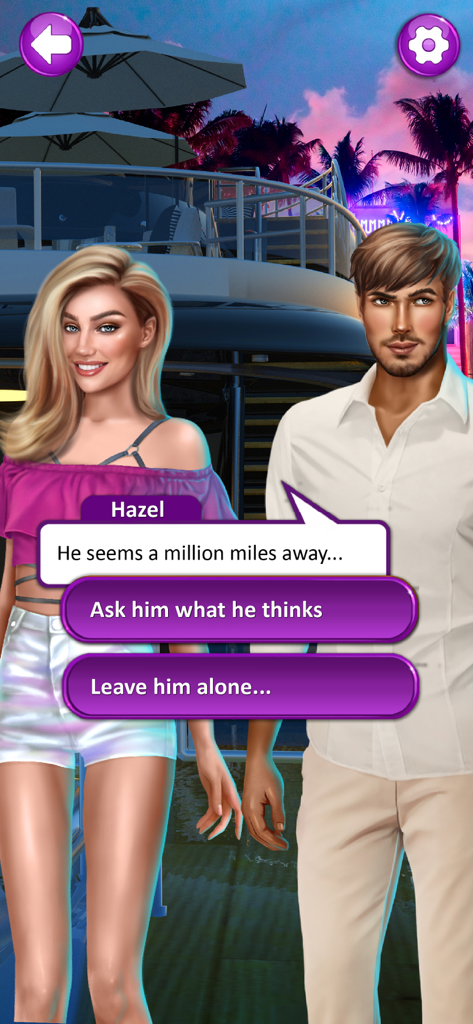 Chapters Interactive Love Game - Gameplay screenshot of a romance story on a yacht with interactive dialogue choices between two characters