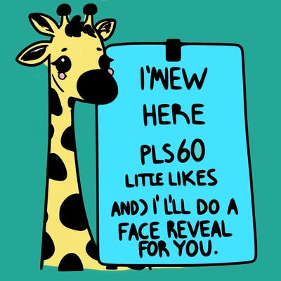 giraffe with a sign that says i’m new here pls 60 likes and i’ll do a face reveal for you