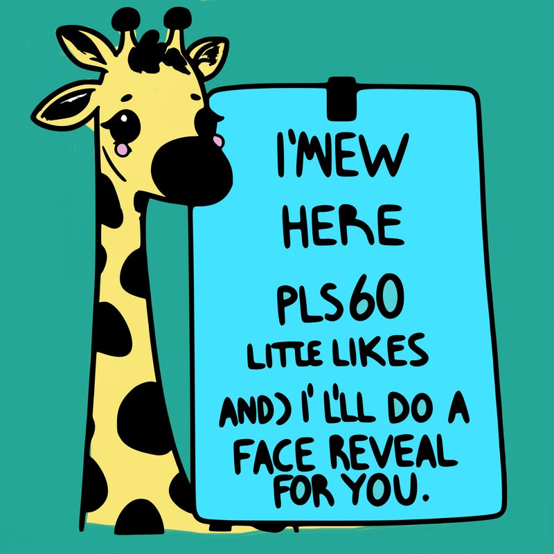 giraffe with a sign that says i’m new here pls 60 likes and i’ll do a face reveal for you