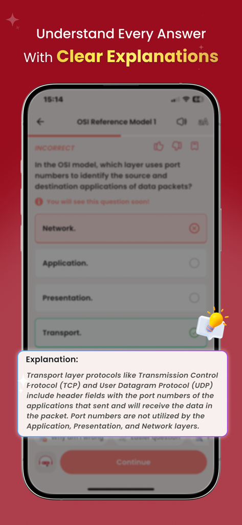 Aplicativo de preparação para o exame CompTIA Network Plus mostrando uma questão de teste prático com uma caixa de explicação detalhada