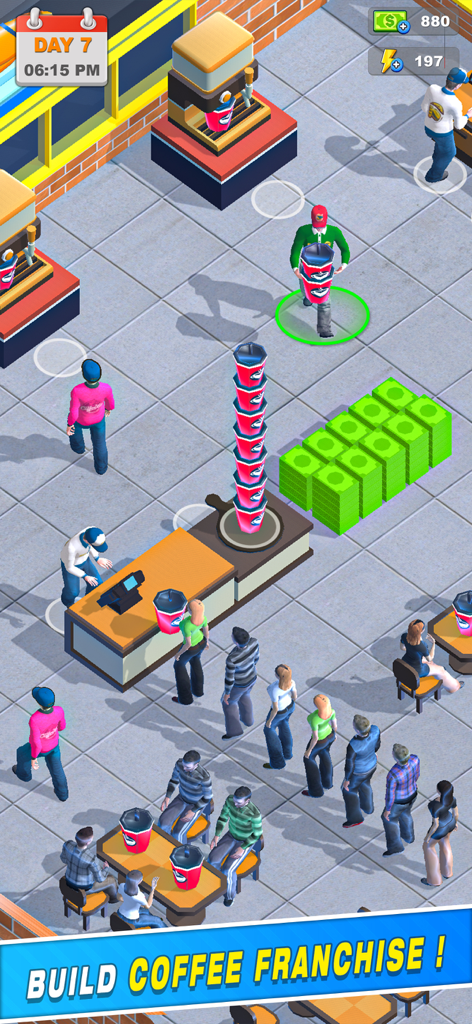 My Pizza Shop Simulator Game - 客と札束が並ぶ賑やかなコーヒーショップフランチャイズを経営するキャラクターのトップダウンゲームプレイ。