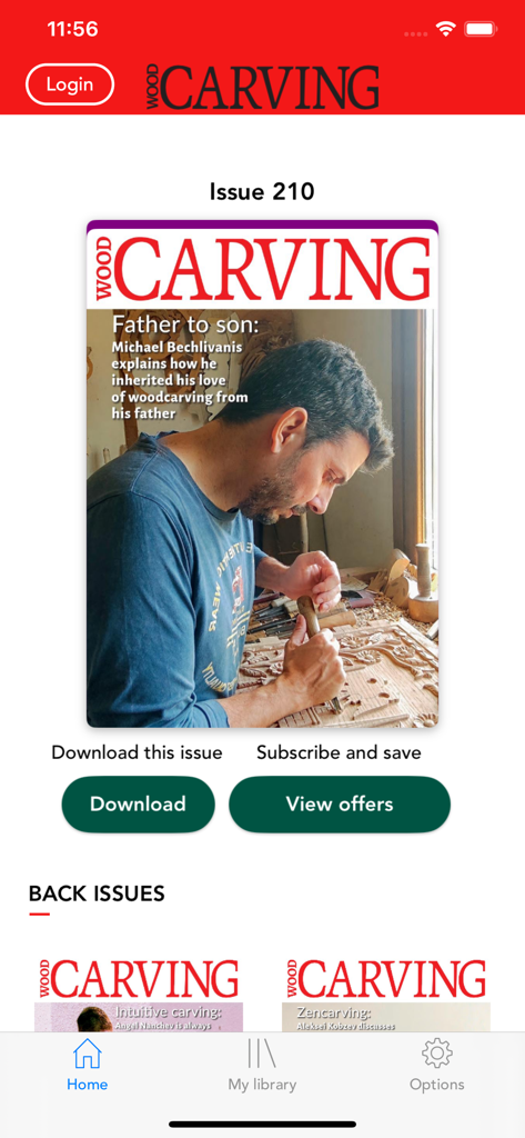 Woodcarving Magazine - Woodcarving Magazine app home screen showing issue 210 and subscription options