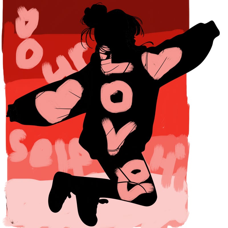 realistic girl jumping with a bun and oversized sweatshirt