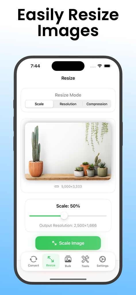 JPEGify – JPG & HEIC Converter - A screenshot of the JPEGify app showing the image resizing tool with a scale slider to adjust picture resolution.