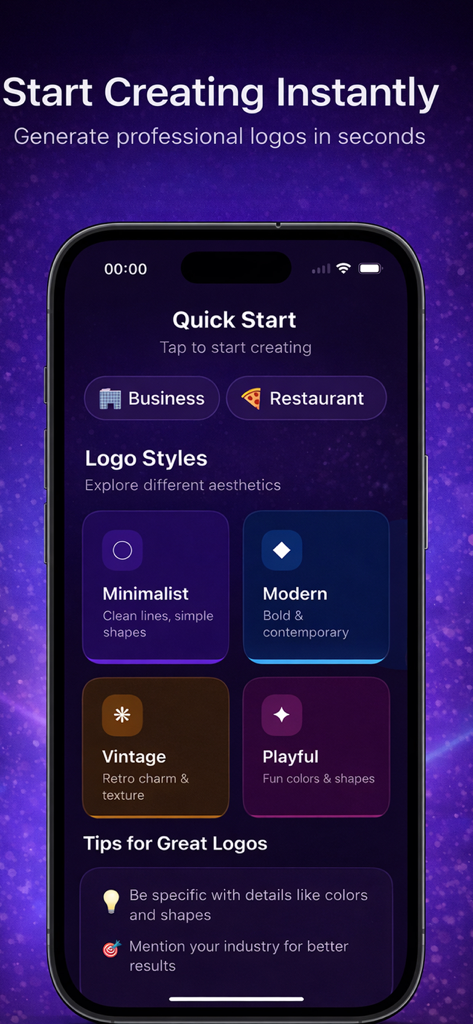 AI Logo Maker: Logo Design - Interface of the AI Logo Maker app showing quick start options and various logo styles like minimalist and modern