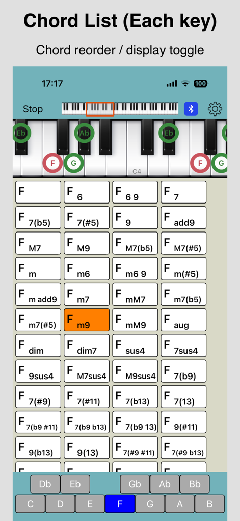 Chords Pad - Chords Pad app screenshot displaying a list of piano chords and keyboard visualization