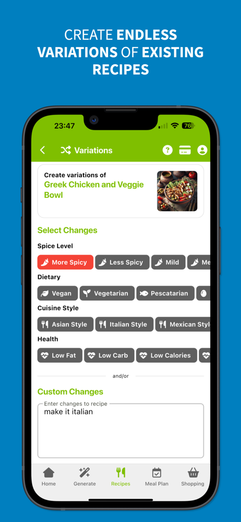 AI Chef app screen for creating recipe variations with dietary and spice filters