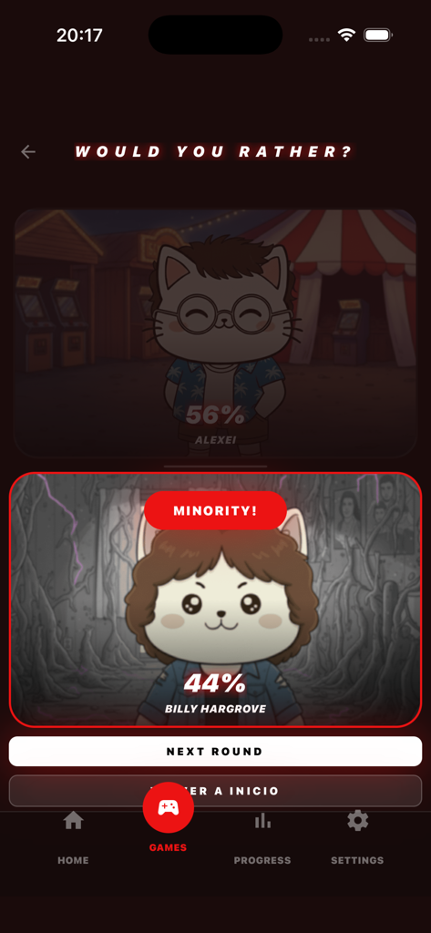 Stranger Things Quiz & Trivia - Ein Würdest du lieber Quizspielbildschirm mit Cartoon-Katzenversionen von Alexei und Billy Hargrove mit Spieler-Abstimmungsprozentsätzen