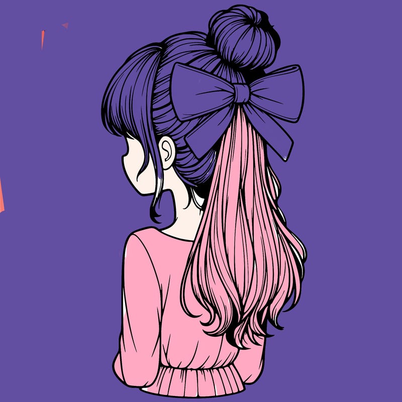 realistic girl  with hip length hair a bun and a big bow on the back of head