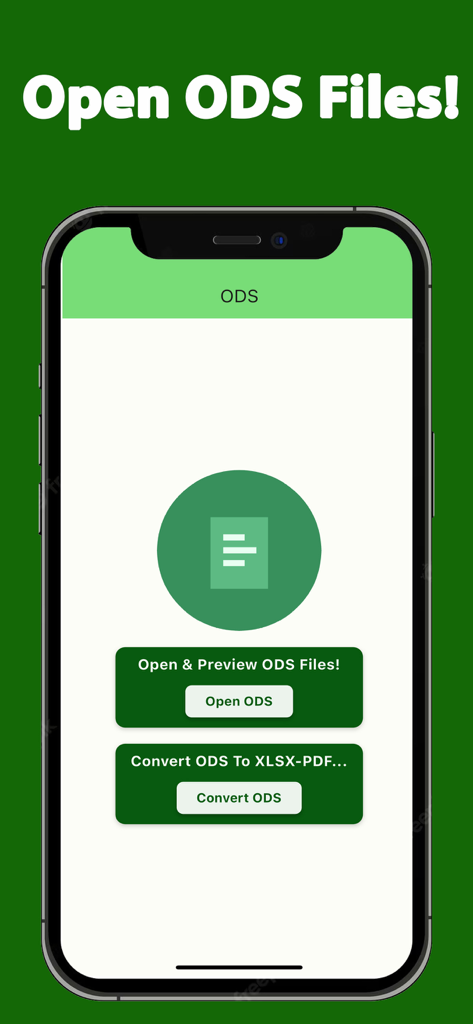 Una pantalla móvil que muestra la aplicación ODS Reader con botones para abrir y convertir archivos ODS a formatos XLSX y PDF