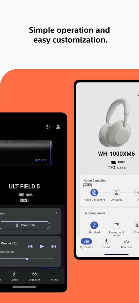 Sony Sound Connect mobile app interface displaying headphone and speaker customization settings