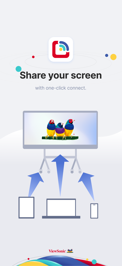 AirSync Sender - Diagram showing wireless screen sharing from mobile devices and laptops to a ViewSonic interactive display
