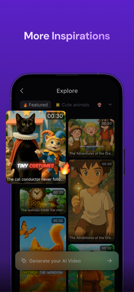 Zeemo:AI Video & Caption Tool - Interfaz de la app Zeemo mostrando la sección de exploración con inspiraciones de vídeo IA y un botón para generar vídeo.