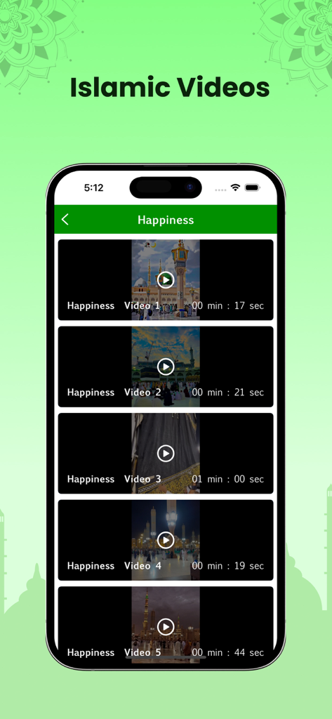 Screenshot of the Holy Quran in Thai app showing a list of Islamic videos under the Happiness category.