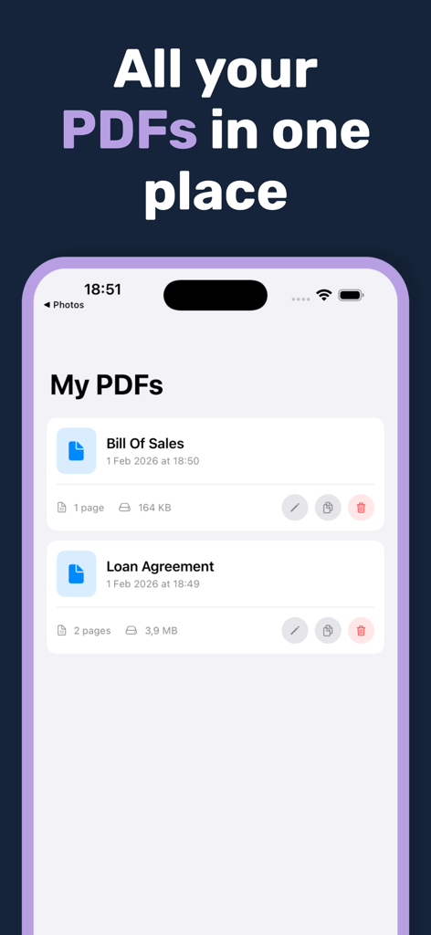 The My PDFs screen in the PDFio app showing a list of saved PDF documents