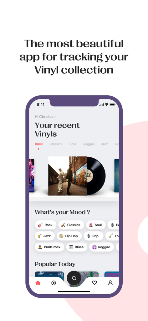Vinyls: Manage your collection - Un'interfaccia di app mobile che mostra una collezione di dischi in vinile con categorie di genere come Rock e Soul.