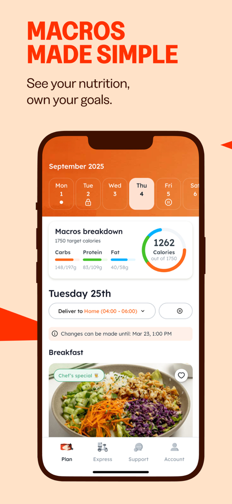 Right Bite - Right Bite App-Oberfläche, die eine Makroaufschlüsselung und geplante gesunde Mahlzeitenlieferungen zeigt