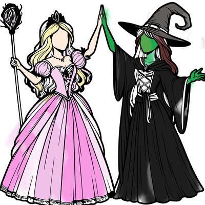 detailed realistic split of a princess and a witch
