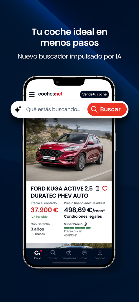 Coches.net mobile app interface showing an AI-powered search feature and a detailed listing for a Ford Kuga with cash and finance price options
