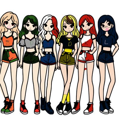 a group of girls wearing crop tops and shorts