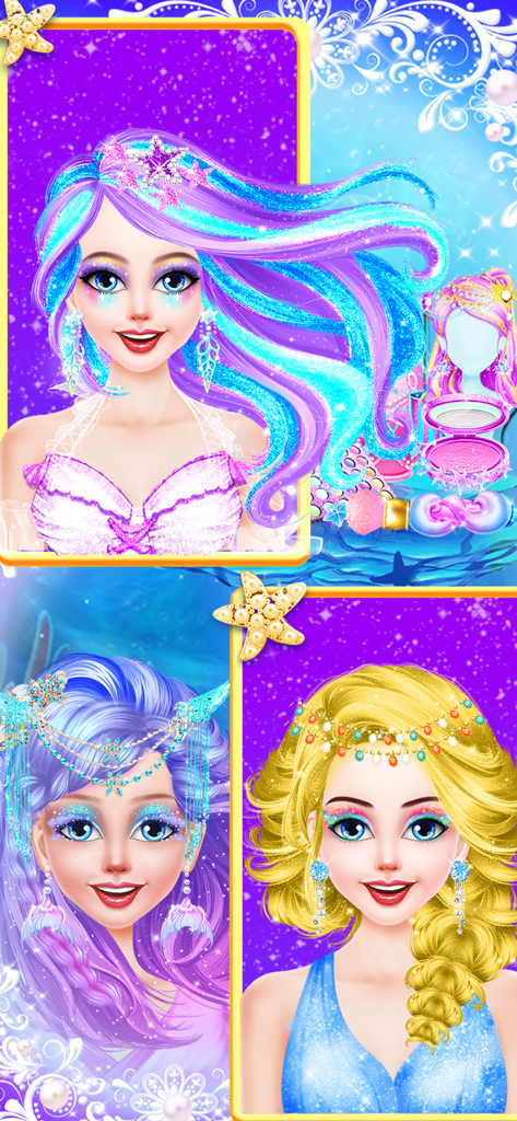 Mermaid Simulator! - Three mermaid characters with different colorful hairstyles and makeup from the Mermaid Simulator game