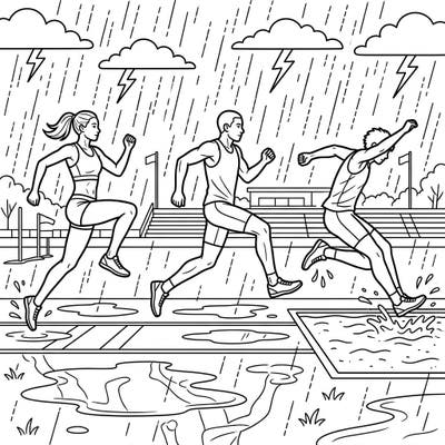 Experience the exhilarating world of track and field with this dynamic triple jumpers coloring page. Capture the energy of athletes leaping through a dramatic rainy day setting, perfect for sports enthusiasts of all ages.