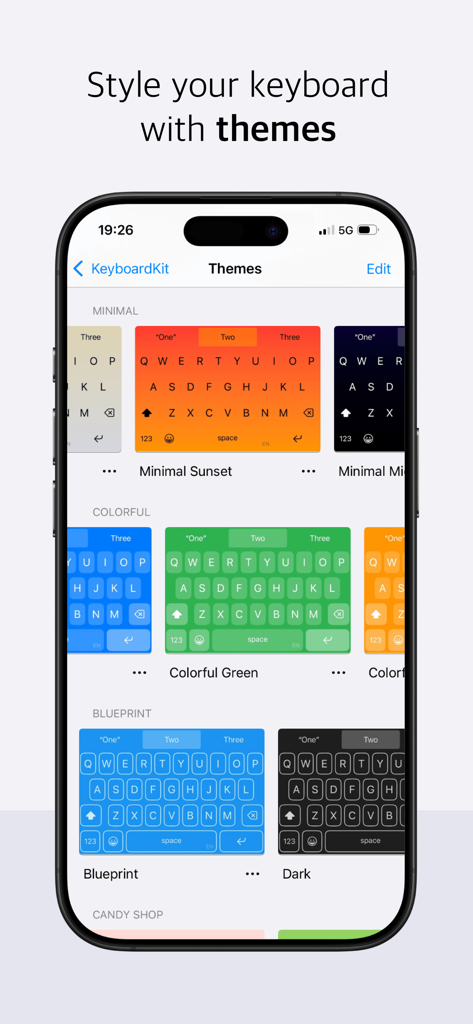 KeyboardKit - Una variedad de temas de teclado coloridos y minimalistas mostrados en la galería de la aplicación KeyboardKit para iPhone