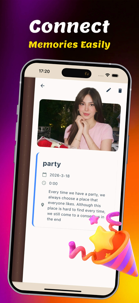 Leon- - Leon app interface showing a party event entry with a photo and description in a classic book style