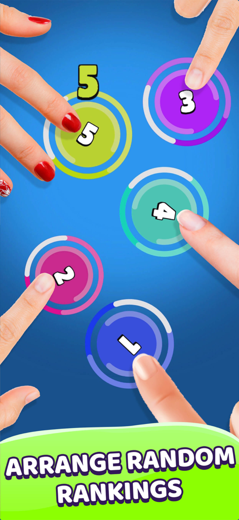 PartyFun: Finger Chooser Games - Un grupo de personas colocando sus dedos en la pantalla de un smartphone para generar una clasificación numérica aleatoria dentro de la aplicación PartyFun