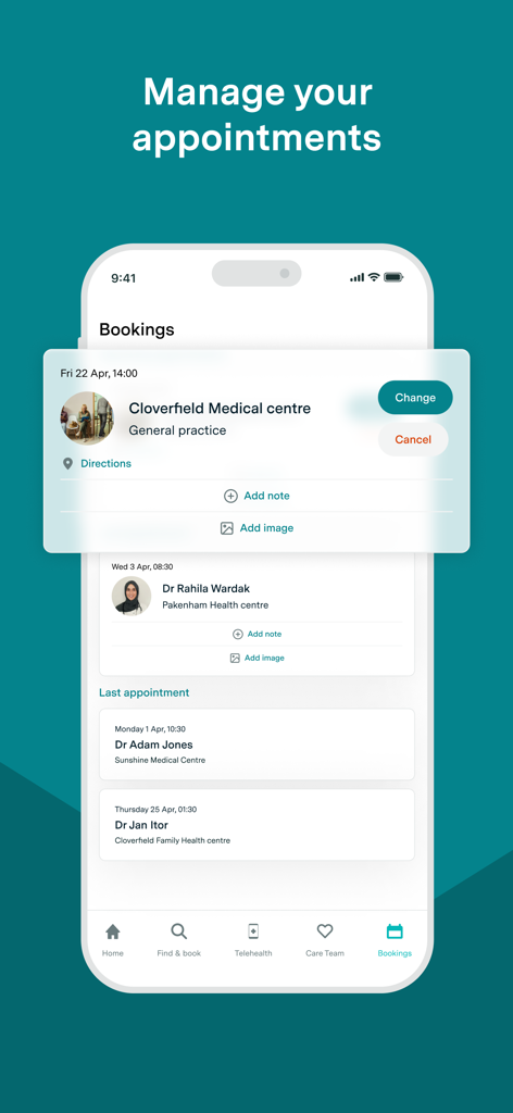 Healthengine - Healthengine app screen showing a list of healthcare bookings and appointment management options
