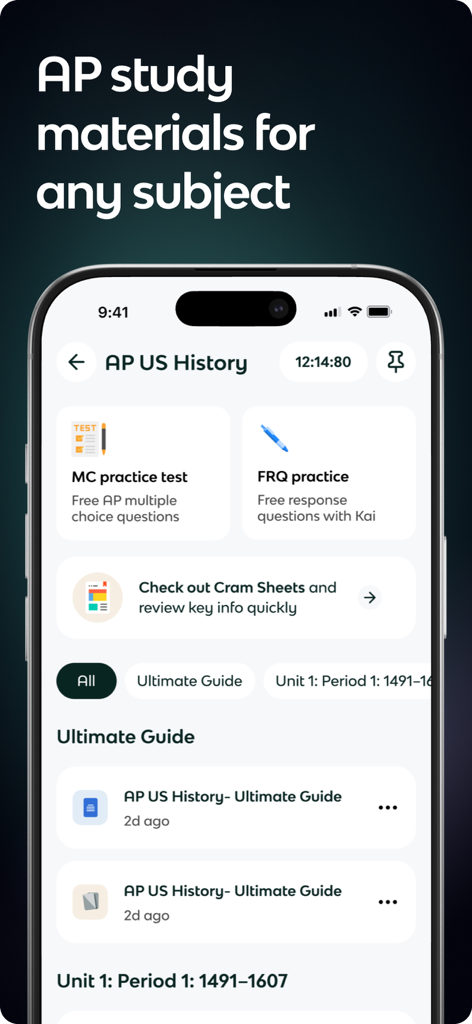 Knowt 앱 인터페이스는 AP 미국사 학습 가이드 및 연습 문제를 보여줍니다.