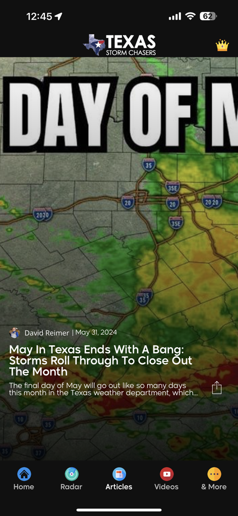Screenshot of the Texas Storm Chasers app displaying a local weather article and a storm radar map.