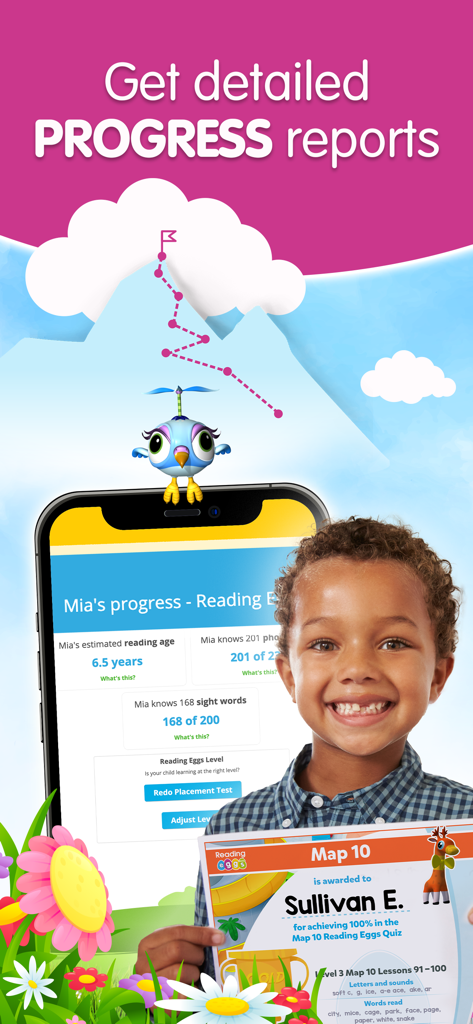 A smiling child holding an achievement certificate next to a smartphone displaying detailed reading progress reports.