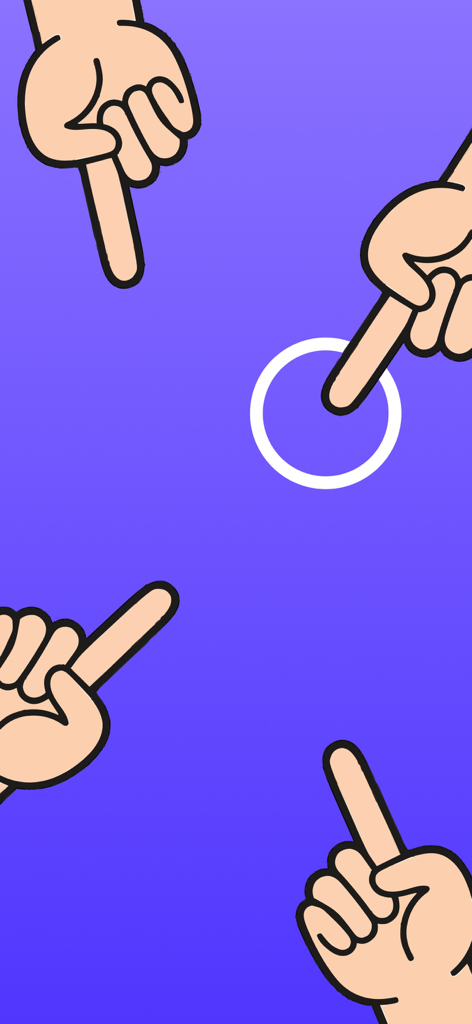 Go First! - Cuatro dedos tocando una pantalla morada para seleccionar aleatoriamente un jugador inicial para un juego