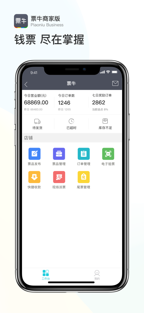 Dashboard of the Piaoniu Merchant ticketing app showing daily revenue statistics and business management icons