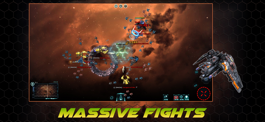 WarUniverse - A massive multiplayer space battle in WarUniverse showing dozens of ships in combat